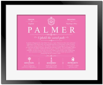 Palmer surname meaning history and origin in Pink with Black Matte Frame
