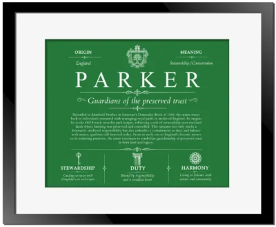 Parker surname heritage and history in Dark Green with Black Matte Frame