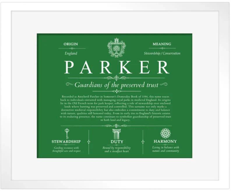 Parker surname heritage and history in Dark Green with White Matte Frame