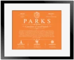 Parks last name origin and heritage in Orange with Black Matte Frame