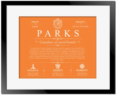 Parks last name origin and heritage in Orange with Black Matte Frame