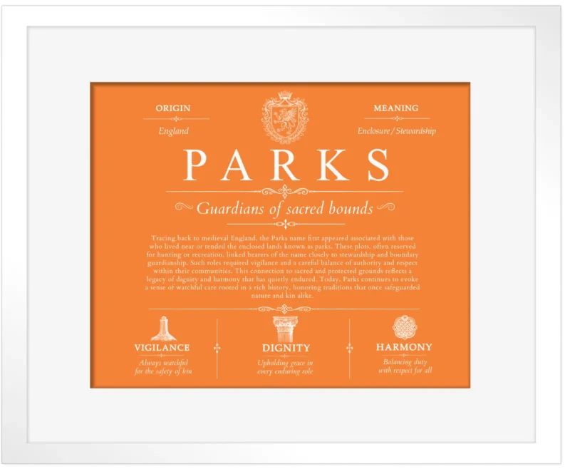 Parks last name origin and heritage in Orange with White Matte Frame