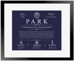 Park family name history in Navy Blue with Black Matte Frame