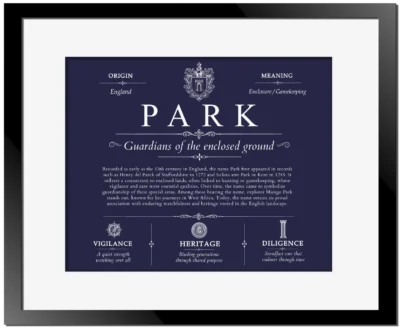 Park family name history in Navy Blue with Black Matte Frame