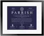 Parrish family name origin and history in Navy Blue with Black Matte Frame