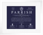 Parrish family name origin and history in Navy Blue with White Matte Frame