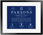 Parsons surname history and family heritage in Deep Blue with Black Matte Frame
