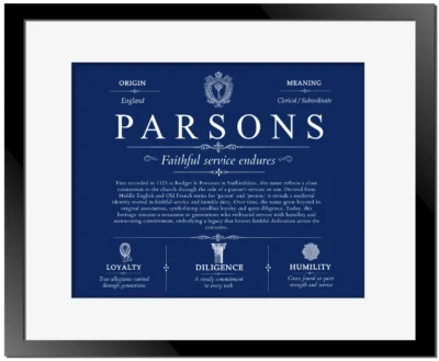 Parsons surname history and family heritage in Deep Blue with Black Matte Frame