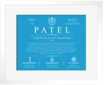 Patel last name history and origin in Blue with White Matte Frame Patel last name history and origin in Blue with White Matte Frame