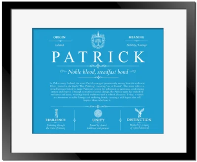 Patrick surname meaning and heritage in Blue with Black Matte Frame
