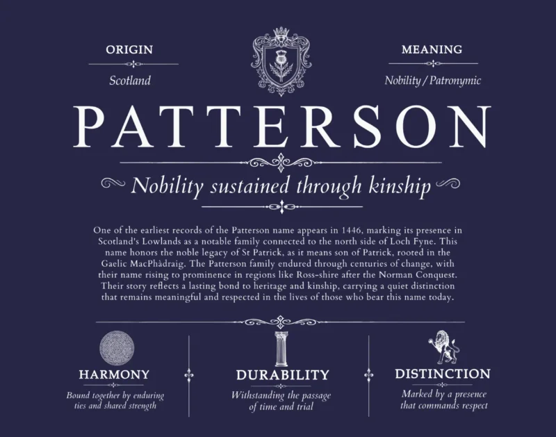 Patterson family name meaning and origin in Navy Blue