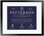 Patterson family name meaning and origin in Navy Blue with Black Matte Frame