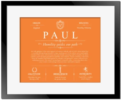 Paul last name history and origin in Orange with Black Matte Frame