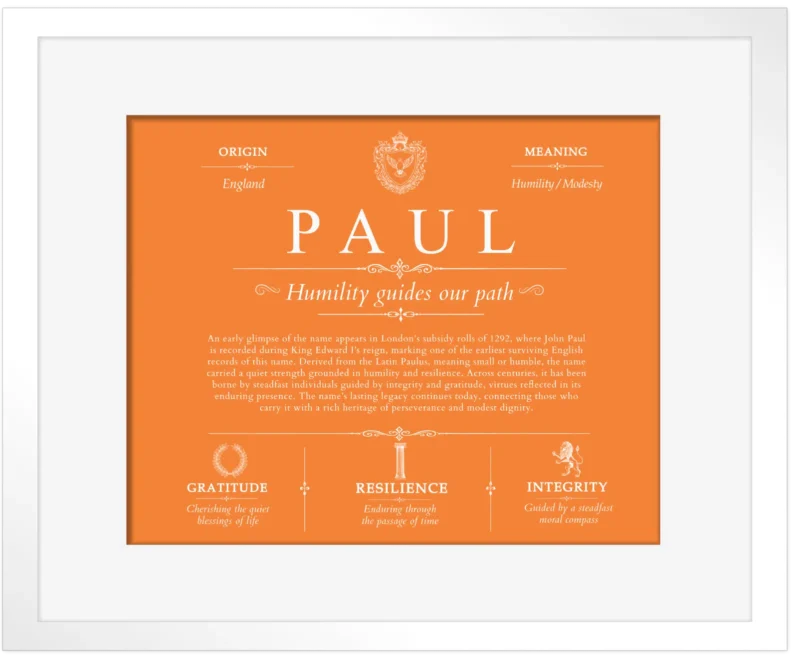 Paul last name history and origin in Orange with White Matte Frame