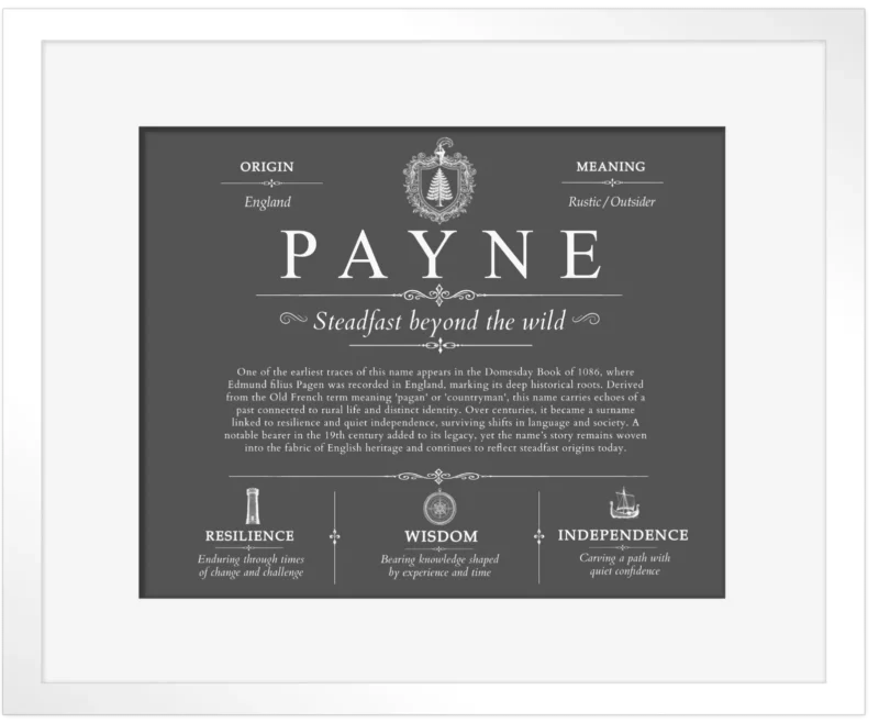 Payne surname meaning history and origin in Gray with White Matte Frame