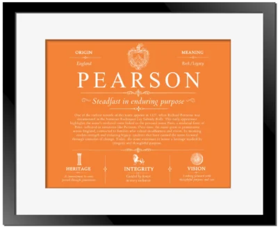 Pearson personalized family surname in Orange with Black Matte Frame
