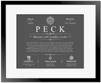 Peck surname origin and family heritage in Gray with Black Matte Frame