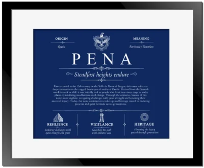 Pena surname history and family heritage in Deep Blue with Black Matte Frame