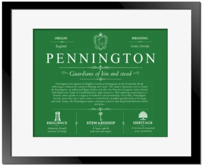 Pennington surname heritage and history in Dark Green with Black Matte Frame
