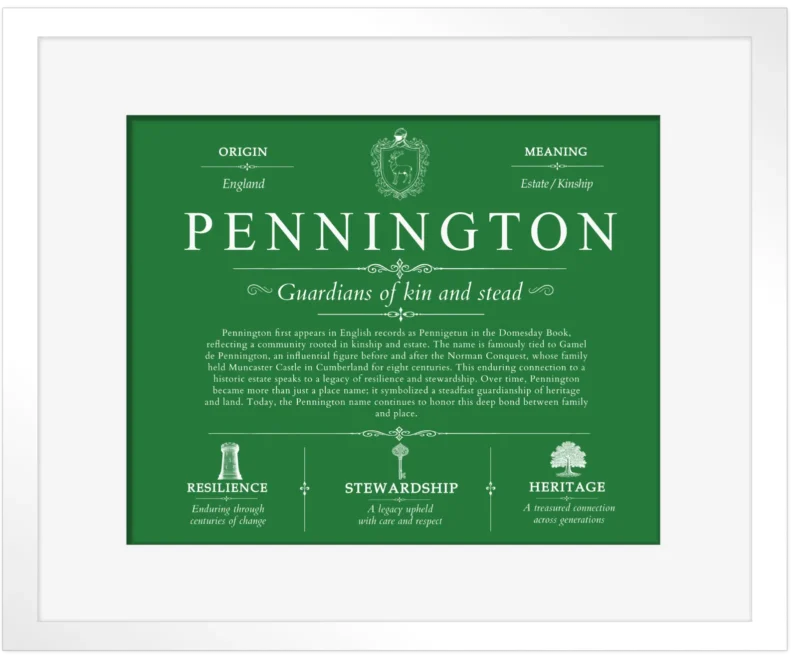 Pennington surname heritage and history in Dark Green with White Matte Frame