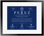 Perez family name history in Deep Blue with Black Matte Frame