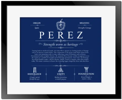 Perez family name history in Deep Blue with Black Matte Frame
