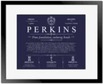 Perkins surname meaning and heritage in Navy Blue with Black Matte Frame