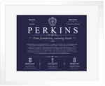 Perkins surname meaning and heritage in Navy Blue with White Matte Frame