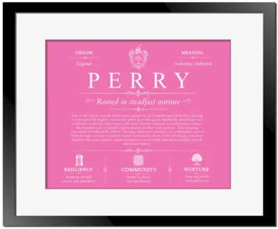 Perry surname meaning origin and heritage in Pink with Black Matte Frame