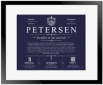 Petersen surname origin and history in Navy Blue with Black Matte Frame