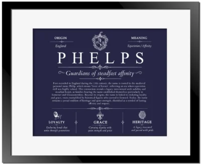 Phelps family name heritage in Navy Blue with Black Matte Frame