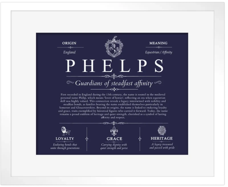 Phelps family name heritage in Navy Blue with White Matte Frame