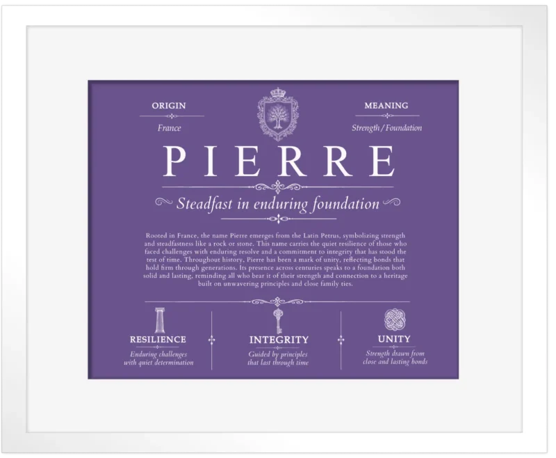 Pierre surname meaning history and origin in Purple with White Matte Frame