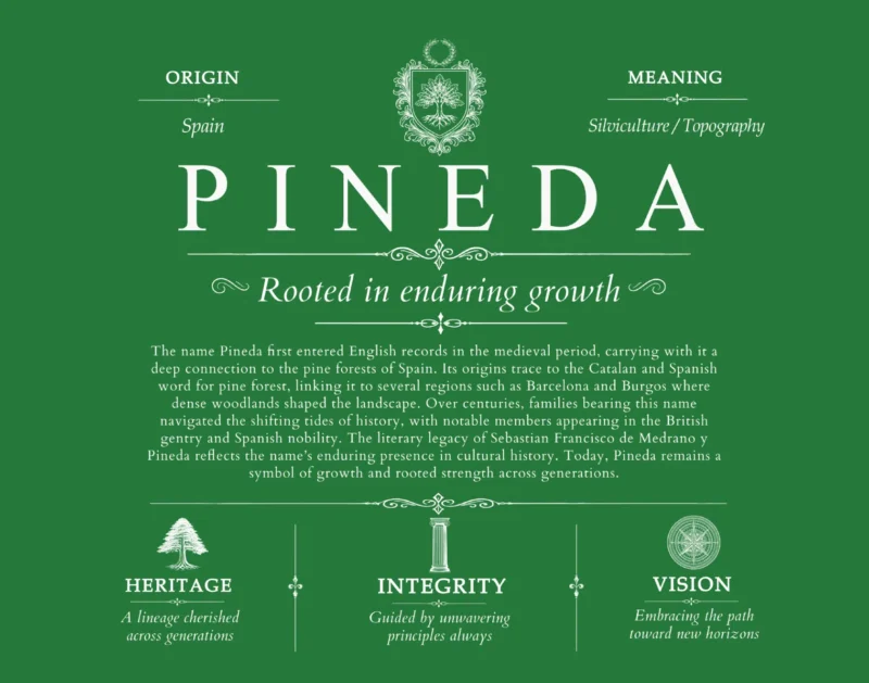 Pineda surname meaning origin and heritage in Dark Green