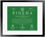 Pineda surname meaning origin and heritage in Dark Green with Black Matte Frame