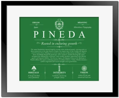 Pineda surname meaning origin and heritage in Dark Green with Black Matte Frame