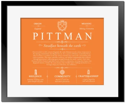 Pittman family name meaning and origin in Orange with Black Matte Frame