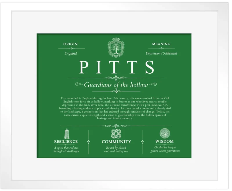 Pitts surname origin and family heritage in Dark Green with White Matte Frame