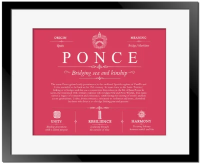 Ponce surname origin and history in Red with Black Matte Frame
