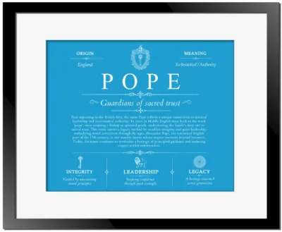 Pope last name meaning and origin in Blue with Black Matte Frame