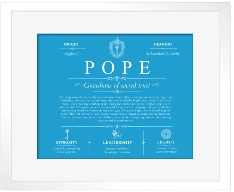 Pope last name meaning and origin in Blue with White Matte Frame