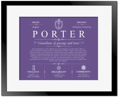 Porter family name history in Purple with Black Matte Frame