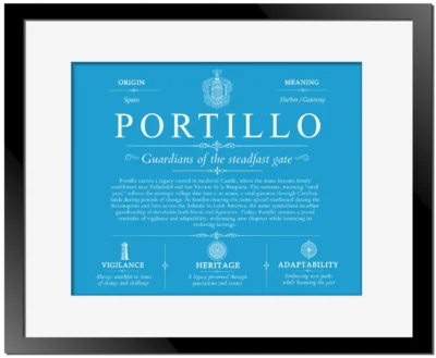 Portillo family name heritage in Blue with Black Matte Frame