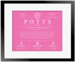 Potts surname heritage and history in Pink with Black Matte Frame