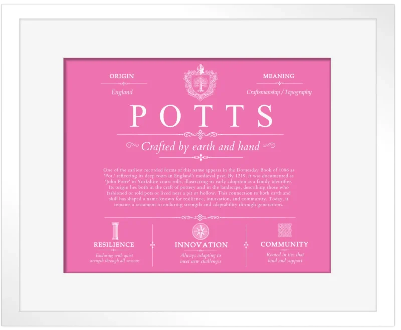 Potts surname heritage and history in Pink with White Matte Frame