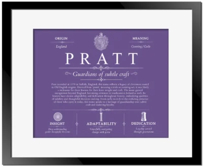Pratt surname meaning origin and heritage in Purple with Black Matte Frame