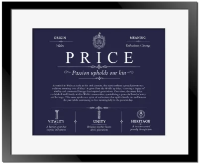 Price family name origin and history in Navy Blue with Black Matte Frame