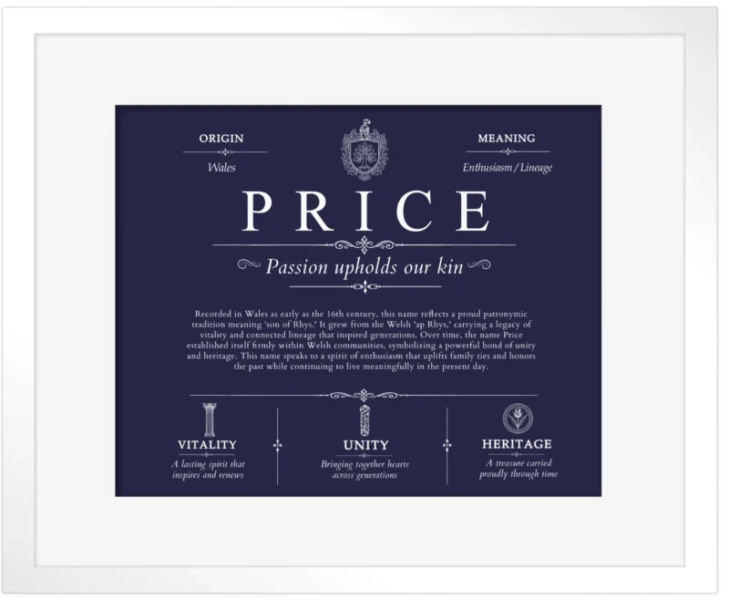 Price family name origin and history in Navy Blue with White Matte Frame