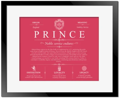 Prince family name heritage in Red with Black Matte Frame