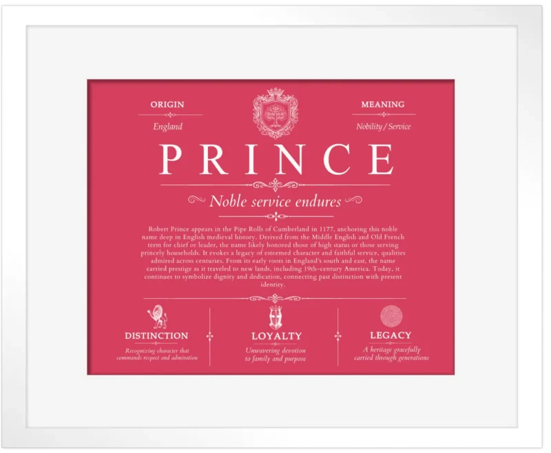 Prince family name heritage in Red with White Matte Frame